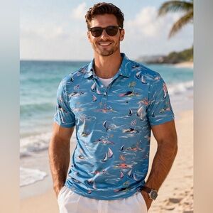 Size LARGE Crown & Ivy Blue Sailboat Nautical Polo Shirt Mens